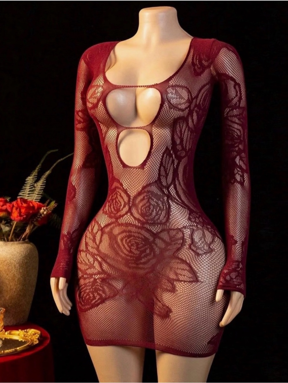 Sheer Floral Cutout Long-Sleeve burgundy lingerie